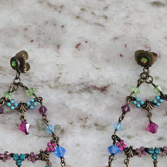 RARE VINTAGE SORRELLI FLOWER FLORAL CRYSTAL DROP DANGLE CHANDELIER EARRINGS - Picture 4 of 13